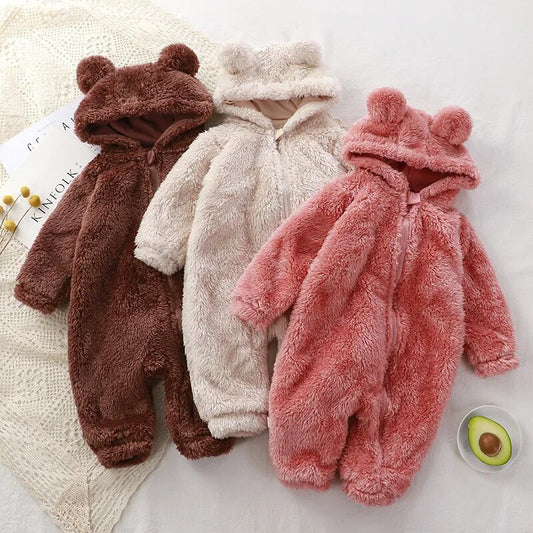 Cute Winter Warm Baby Romper Coral Fleece Cartoon Bear Hooded Boys Girls Newborn Infant Jumpsuit Clothes Soft Pajama