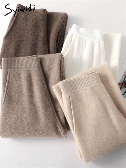 Knitted Women Pants Fall Winter 2023 Korean Fashion High Waist Wool Wide Leg Sweatpants Casual Straight Loose Trousers